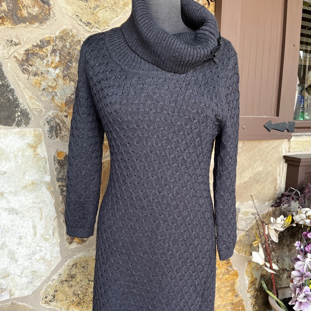 CALVIN KLEIN Charcoal Gray Sweater Dress, ¾ sleeve, shawl collar w/buckles SZ XL